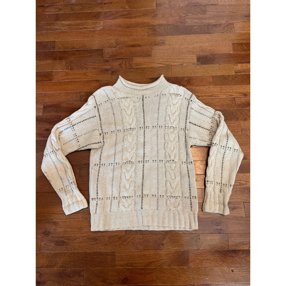 Ralph Lauren Silk Linen Hand Knit Cable Sweater Cream Brown Mock Neck Vintage M - Picture 3 of 6